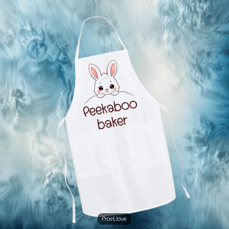Funny apron showcasing an adorable snow bunny character peeking from a snowdrift, perfect for adding cuteness to kitchen activities.