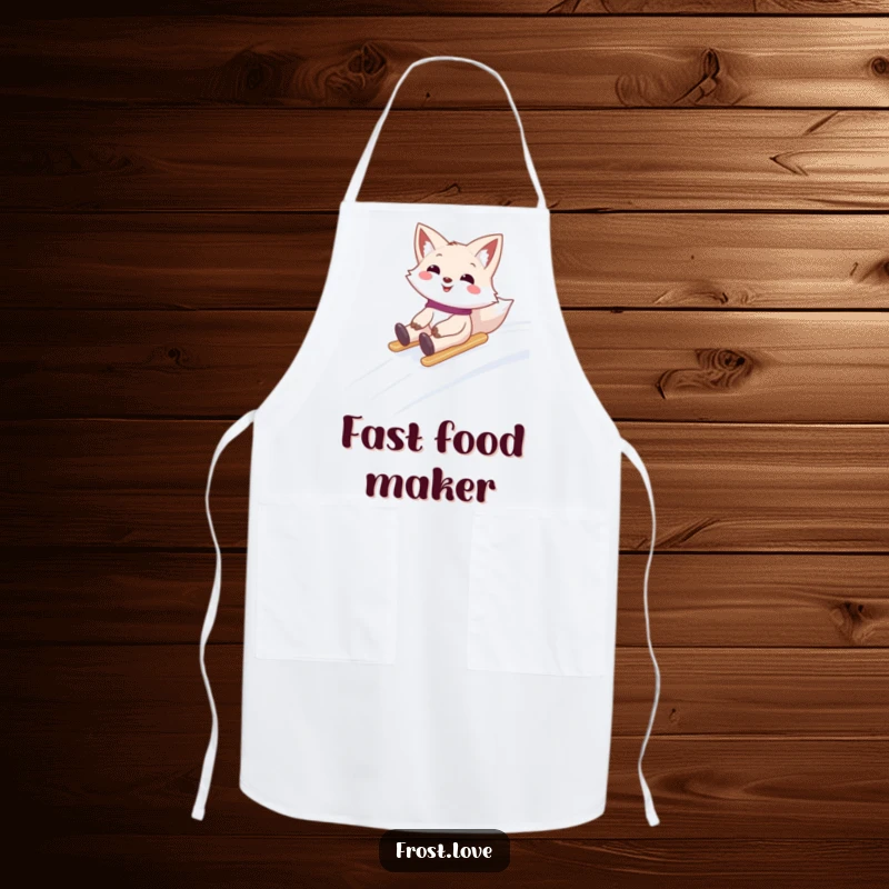 Funny apron showing a smiling snow fox character sliding down a snowy hill, perfect for adding a touch of winter fun to cooking.