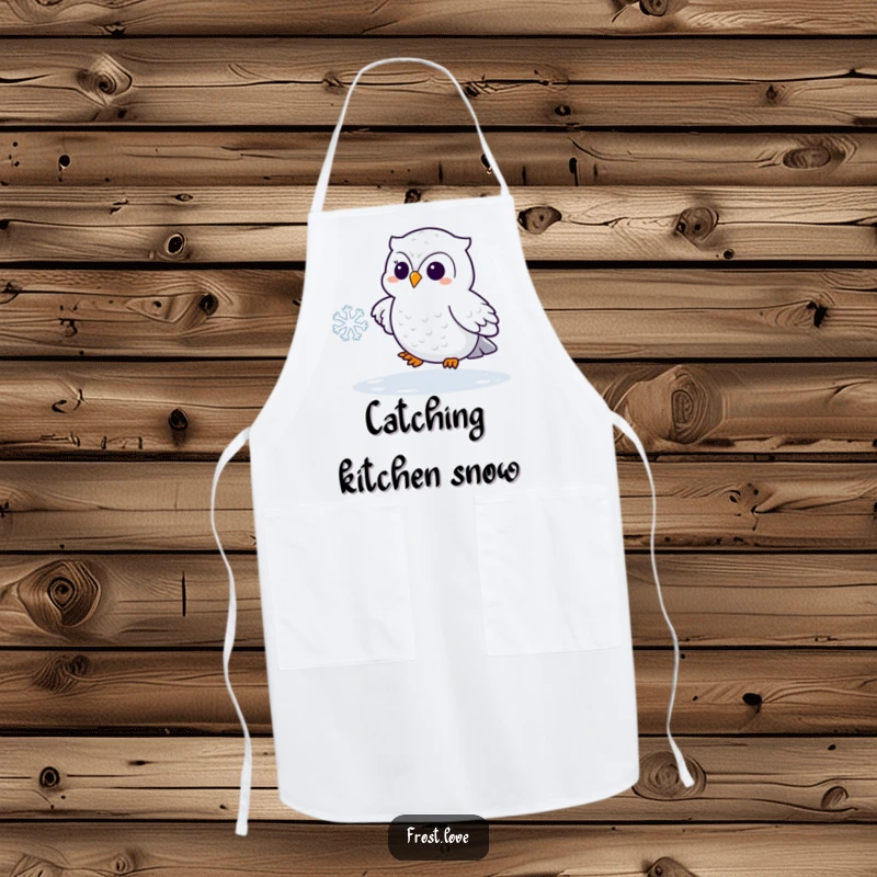 Funny Kawaii snowy owl playfully chasing a snowflake apron, cute arctic bird kitchenware, humorous cooking accessory.