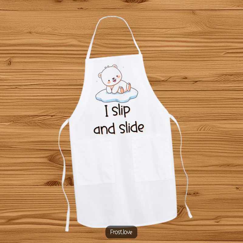 Funny Kawaii polar bear joyfully sliding on ice apron, cute arctic animal kitchenware, humorous cooking accessory.