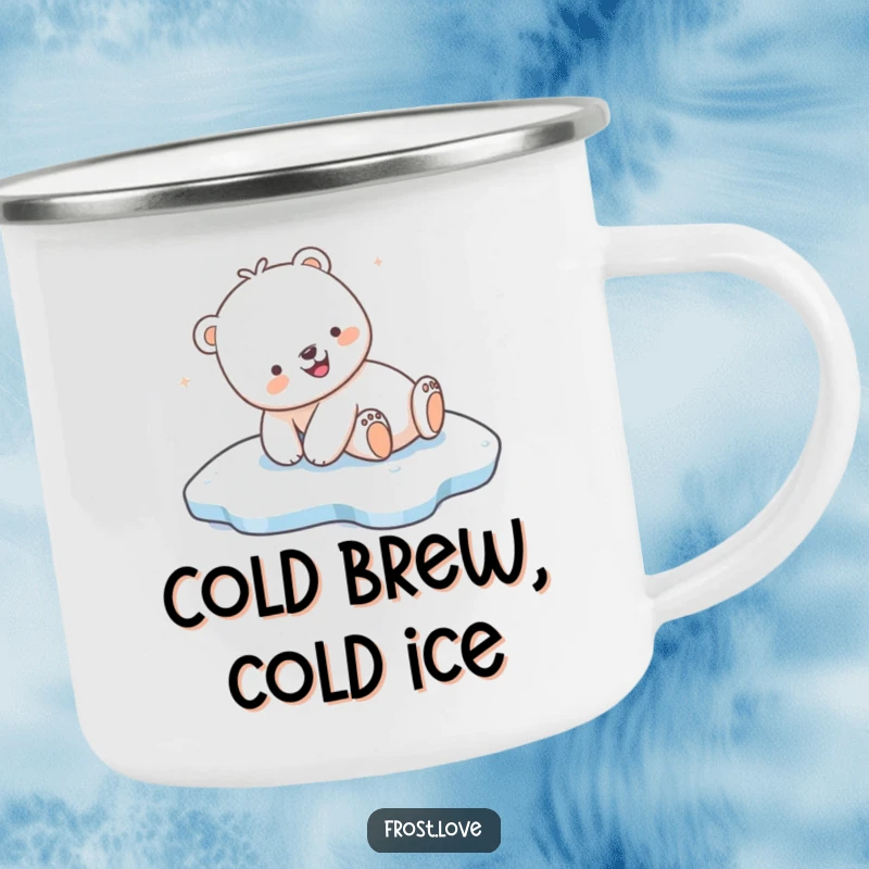 Funny Kawaii polar bear joyfully sliding on ice camping mug, cute arctic animal drinkware, humorous outdoor gear.