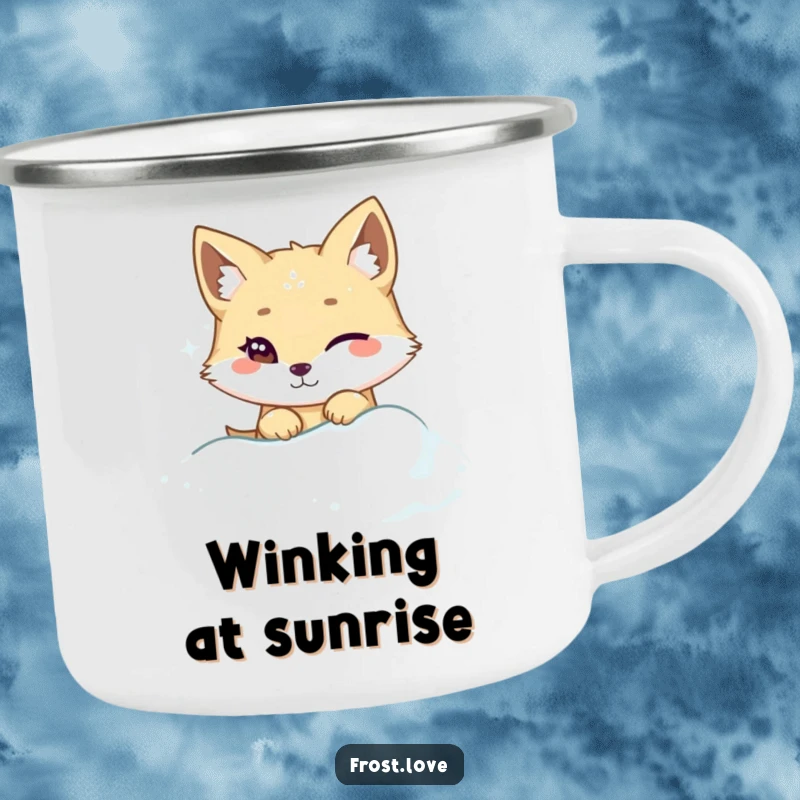 Funny Kawaii arctic fox winking while peeking from snowdrift camping mug, cute sly animal drinkware, humorous outdoor gear.