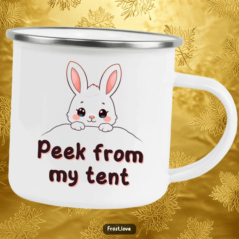 Funny camping mug featuring an adorable snow bunny peeking from a snowdrift, perfect for outdoor enthusiasts who love cute designs.