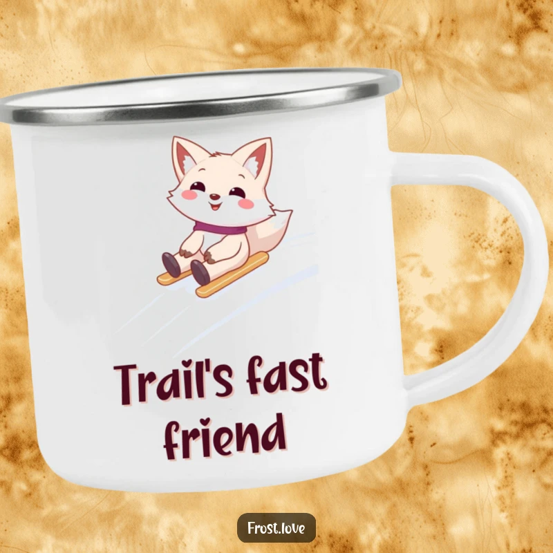 Funny camping mug featuring a smiling snow fox character sliding down a snowy hill, perfect for adventurers who love winter excitement.