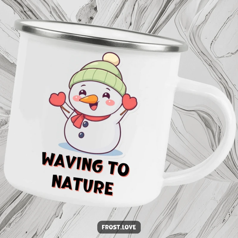 Funny Kawaii snowman with carrot nose happily waving camping mug, cute winter character drinkware, humorous outdoor gear.