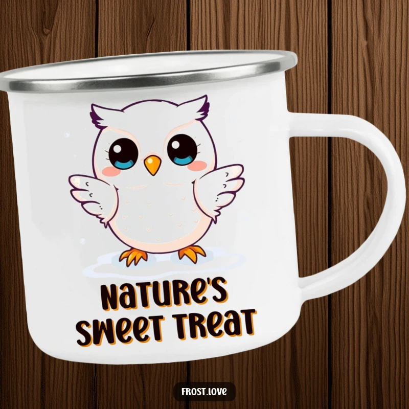 Funny camping mug featuring a kawaii snow owl catching snowflakes, perfect for adventurers who appreciate cute and whimsical designs.