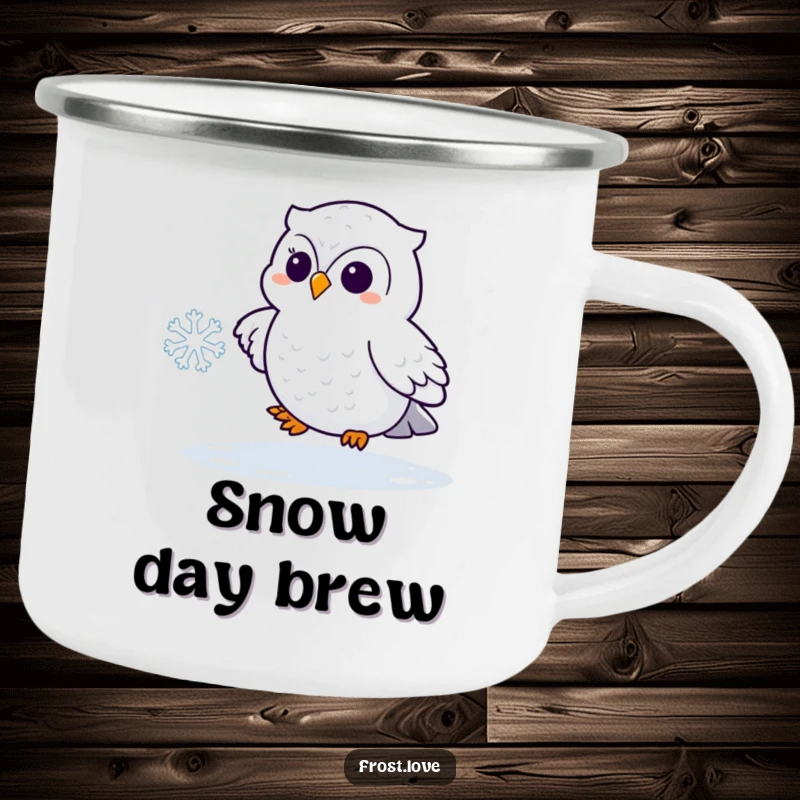 Funny Kawaii snowy owl playfully chasing a snowflake camping mug, cute arctic bird drinkware, humorous outdoor gear.