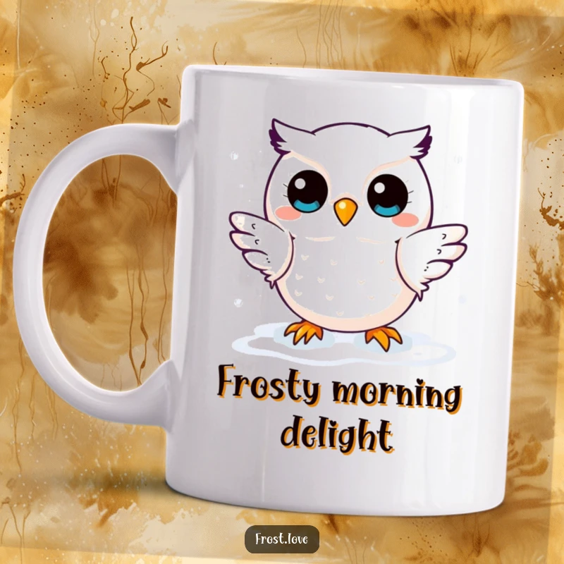 Funny mug showcasing a cute kawaii snow owl character joyfully catching snowflakes, radiating winter charm and playful innocence.