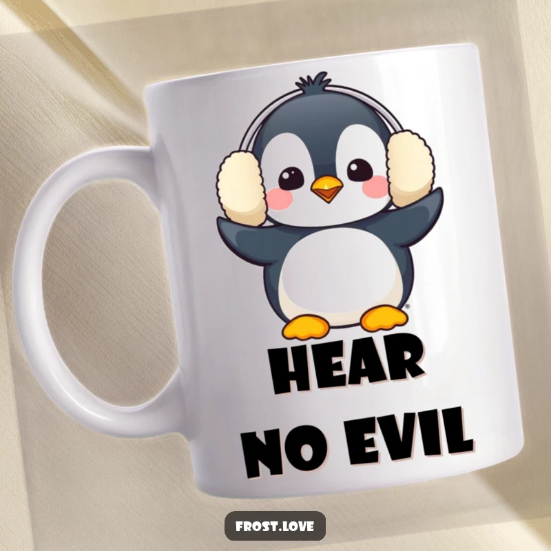 Funny Kawaii penguin comically wearing oversized earmuffs, cute winter bird mug, hilarious animal accessory.