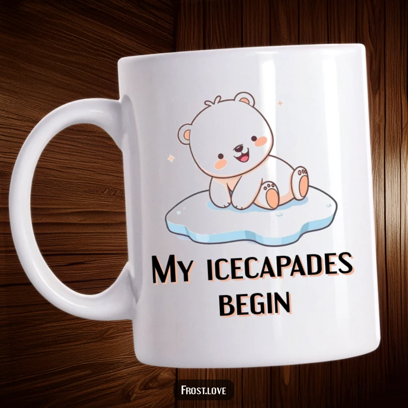 Funny Kawaii polar bear joyfully sliding on smooth ice, cute arctic animal art, hilarious winter scene.