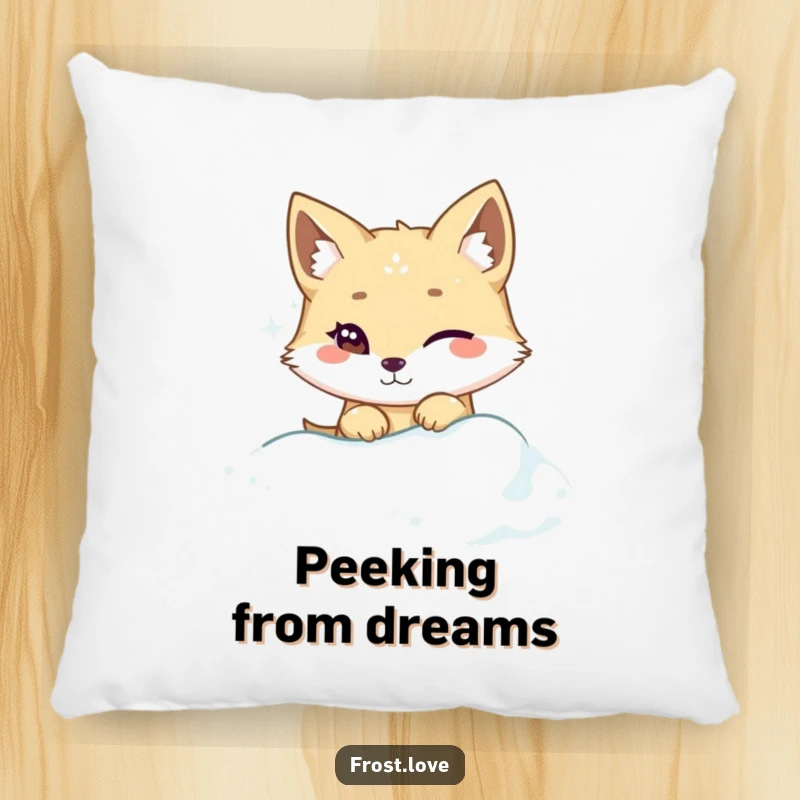Funny Kawaii arctic fox winking while peeking from snowdrift pillow, cute sly animal cushion, humorous home decor.
