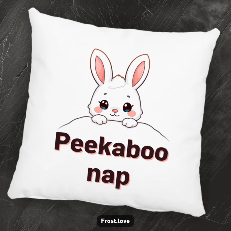 Funny pillow featuring an adorable snow bunny character peeking from a snowdrift, offering plush comfort and a touch of winter sweetness.