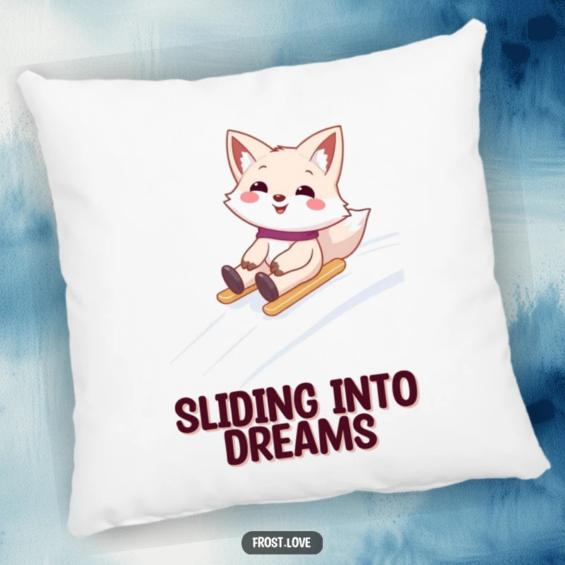 Funny pillow featuring a smiling snow fox character sliding down a snowy hill, offering comfort and a touch of winter playfulness.
