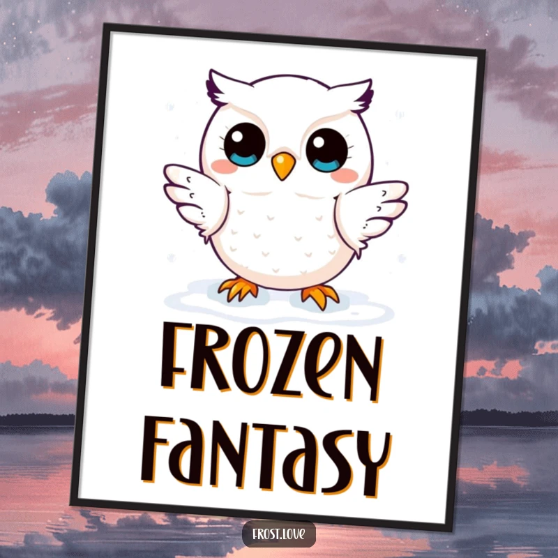 Funny digital art print of a kawaii snow owl character playfully catching snowflakes, capturing winter's gentle magic and adorable charm.