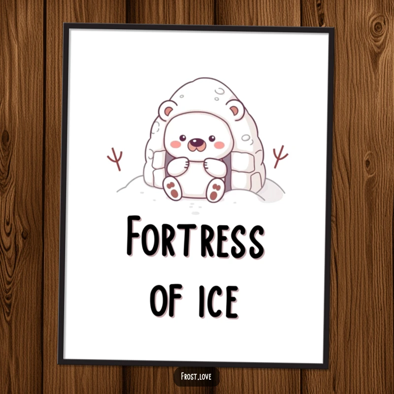 Funny digital art print of a shy snow bear character building a snow fort, capturing winter's gentle creativity and cozy atmosphere.