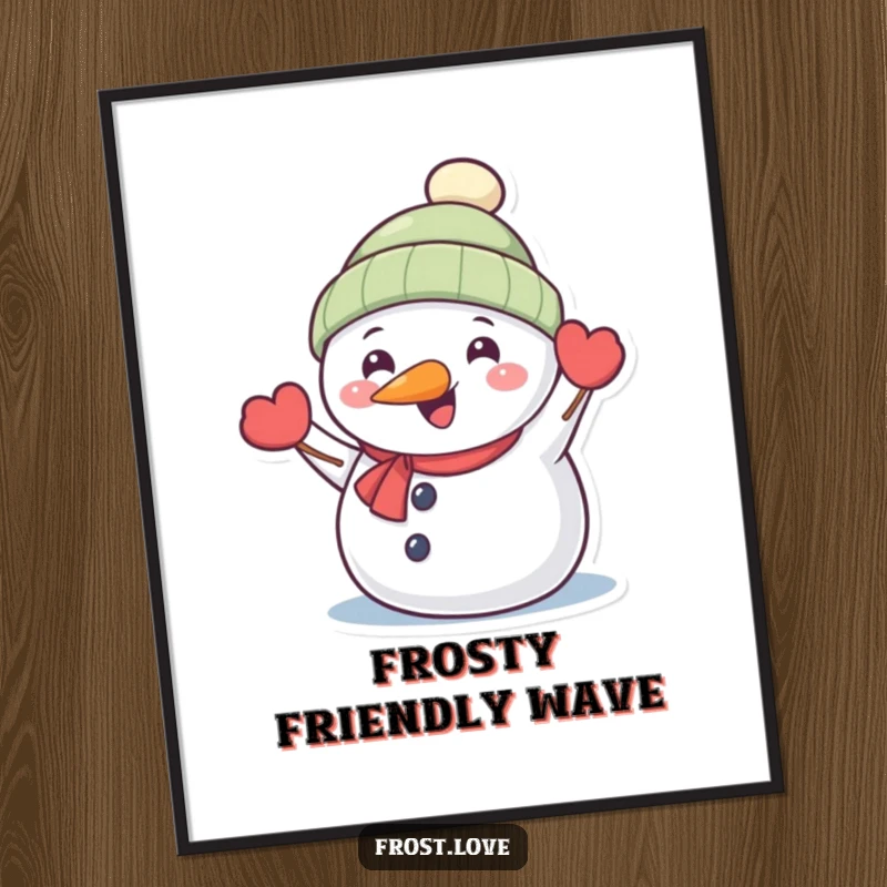 Funny Kawaii snowman with carrot nose happily waving digital art print, cute winter character illustration, humorous decor.