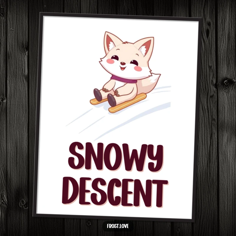 Funny digital art print of a smiling snow fox character gleefully sliding down a snowy hill, capturing winter's energetic thrill.