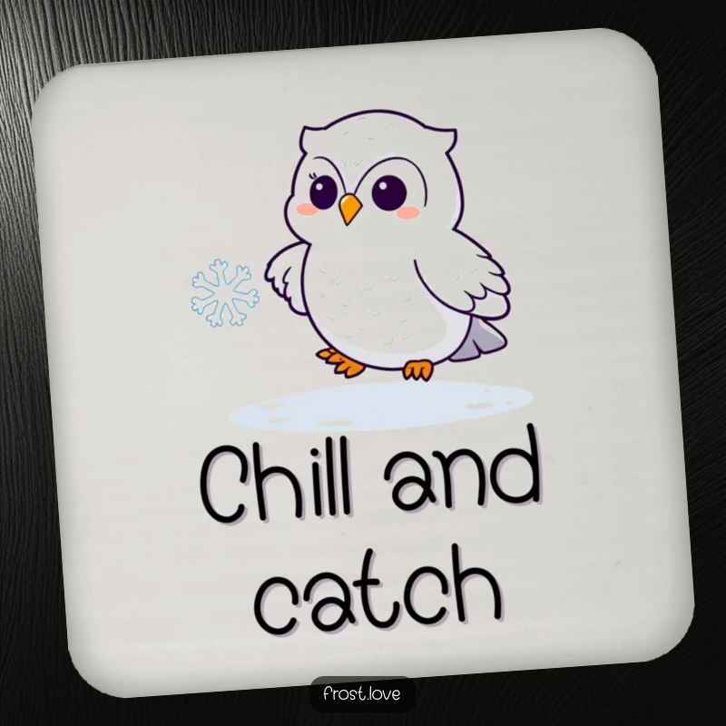 Funny Kawaii snowy owl playfully chasing a snowflake drink coaster, cute arctic bird accessory, humorous protector.