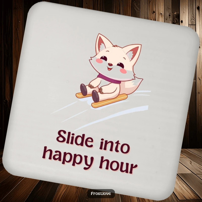 Funny drink coasters with a smiling snow fox character sliding down a snowy hill, ideal for adding winter fun to any beverage.