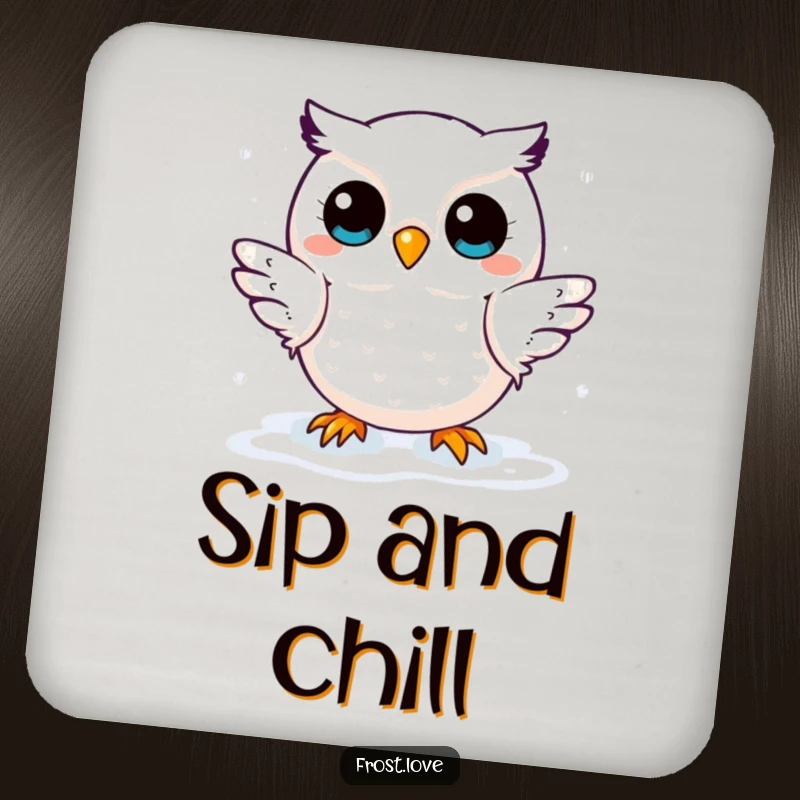 Funny drink coasters with a kawaii snow owl character catching snowflakes, ideal for adding a touch of cute winter charm.