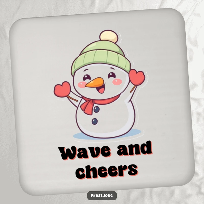 Funny Kawaii snowman with carrot nose happily waving drink coaster, cute winter character accessory, humorous protector.