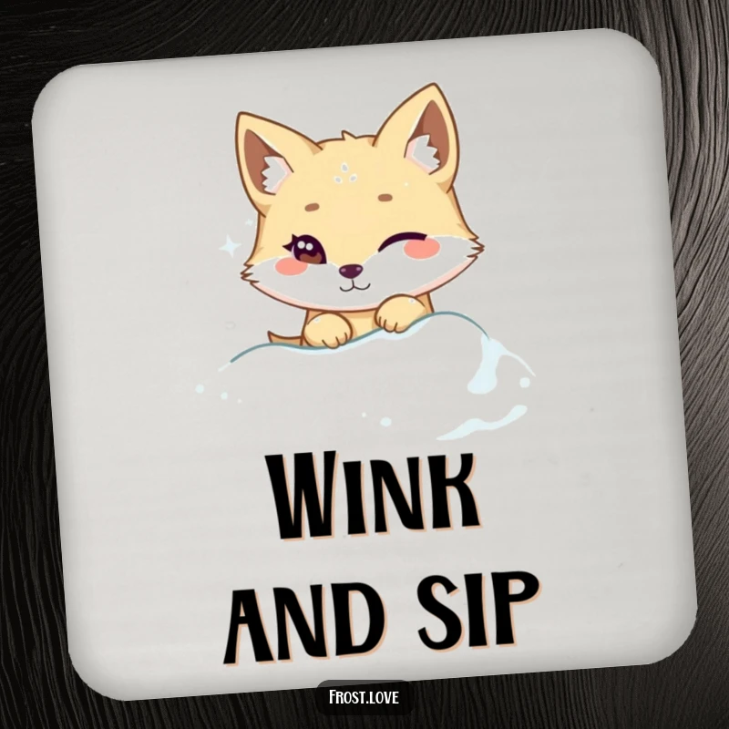 Funny Kawaii arctic fox winking while peeking from snowdrift drink coaster, cute sly animal accessory, humorous protector.