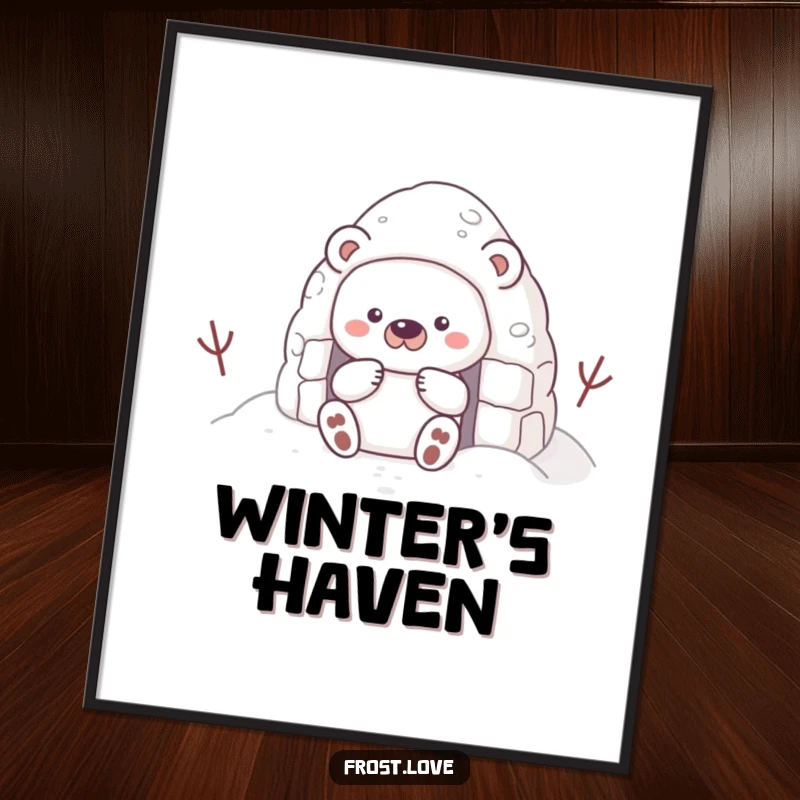 Funny poster of a shy snow bear character building a tiny snow fort, adding a touch of gentle winter artistry to any room.