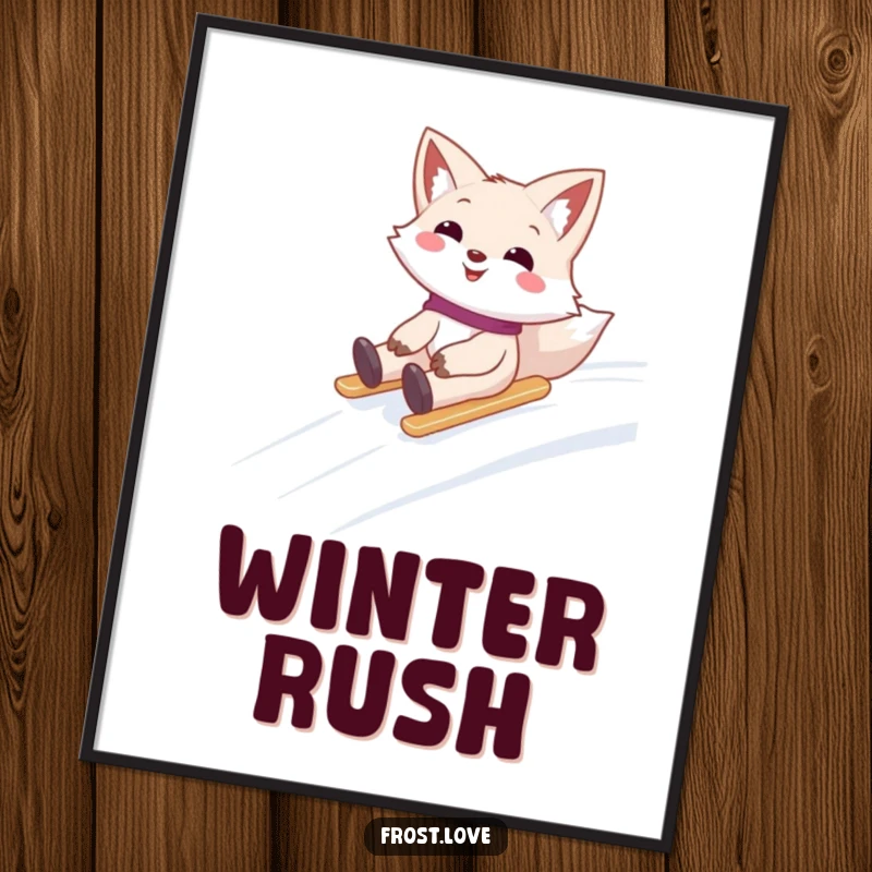 Funny poster showcasing a smiling snow fox character sliding with glee down a snowy hill, capturing the essence of winter action.