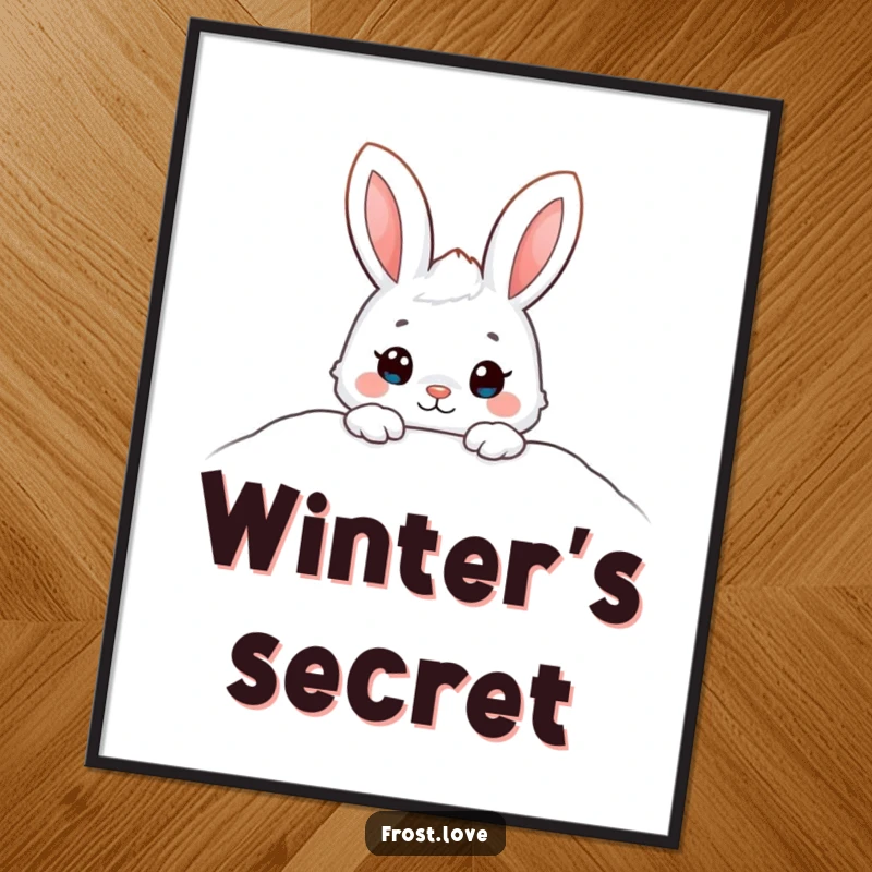 Funny poster of an adorable snow bunny character peeking from a snowdrift, adding a touch of sweet winter artistry to any room.