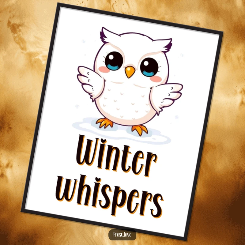 Funny poster of a kawaii snow owl character playfully catching snowflakes, adding a touch of whimsical winter art to any room.