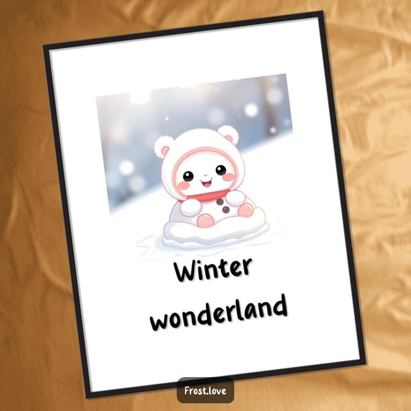 Funny poster displaying a cute snow creature character in a dynamic pose, rolling with delight in a snowy environment, full of winter cheer.