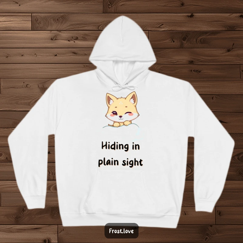 Funny Kawaii arctic fox winking while peeking from snowdrift hoodie, cute sly animal clothing, humorous comfort wear.