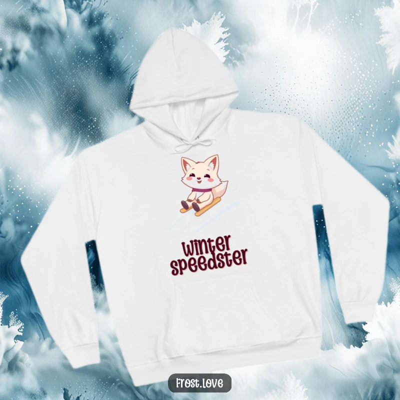 Funny hoodie featuring a smiling snow fox character sliding downhill, offering warmth and a sense of playful winter exhilaration.