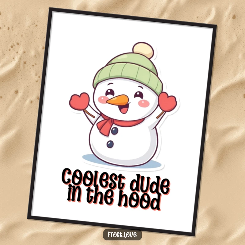 Funny Free Printable Wall Art: Kawaii snowman with carrot nose happily waving, cheerful decor.