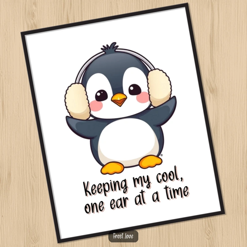 Funny Free Printable Wall Art: Kawaii penguin comically wearing oversized earmuffs, cute decor.