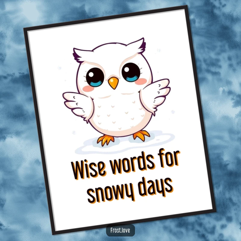 Funny Free Printable Wall Art: A kawaii snow owl playfully catching snowflakes, creating a serene and cheerful winter wonderland.