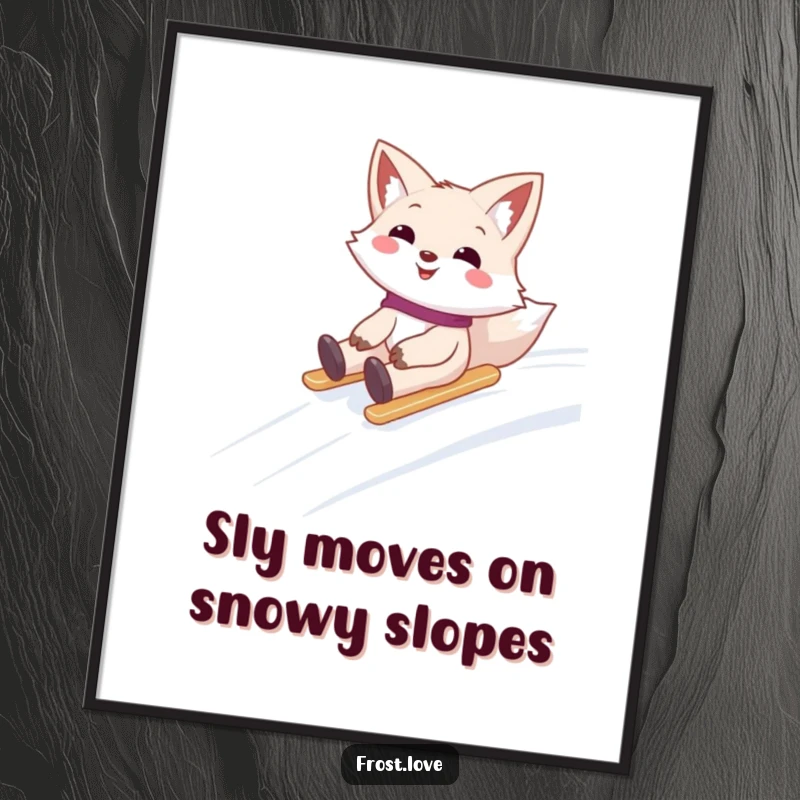 Funny Free Printable Wall Art: A cheerful snow fox sliding down a snowy slope, bringing dynamic winter fun and laughter to decor.