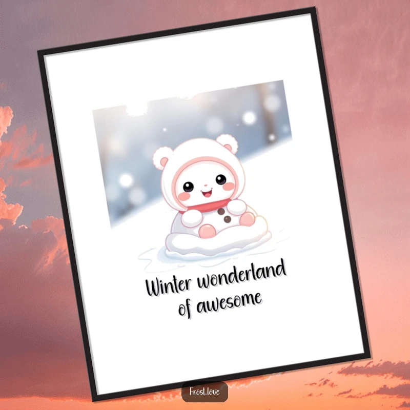 Funny Free Printable Wall Art: A cute snow creature joyfully rolling in a snowball, bringing winter laughter to any room decor.
