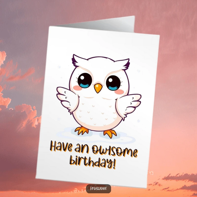 Funny Free Printable Birthday Card: Cute kawaii snow owl with big eyes playfully catching falling snowflakes, spreading winter birthday joy.