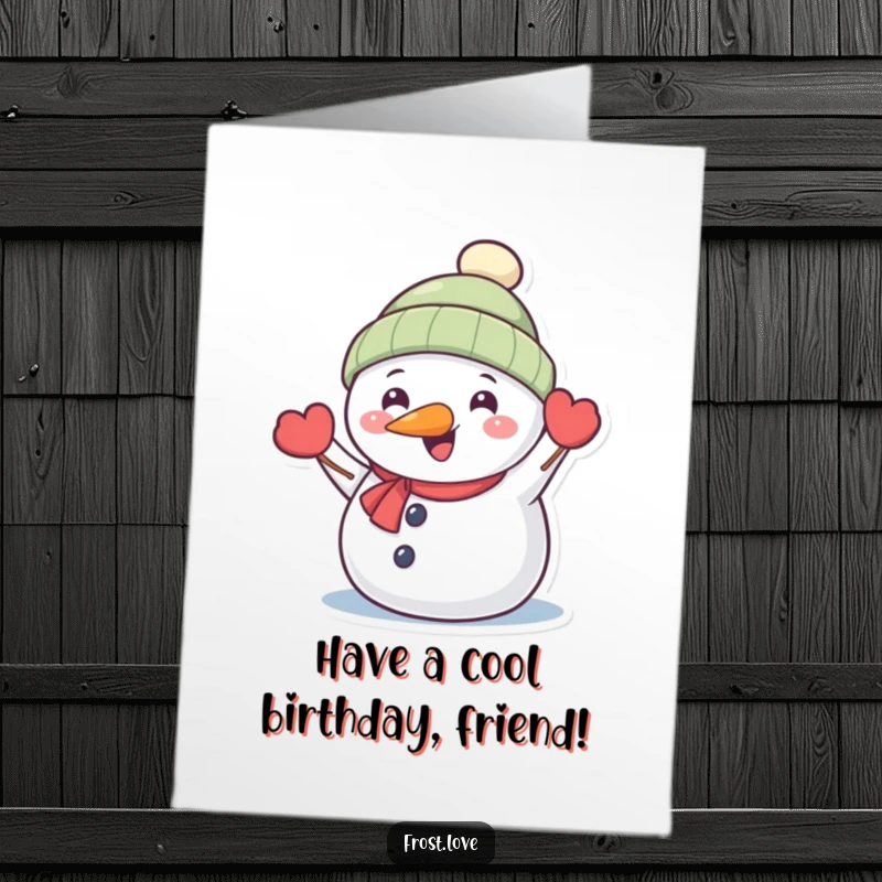 Funny Free Printable Birthday Card: Kawaii snowman with carrot nose happily waving, festive greeting.