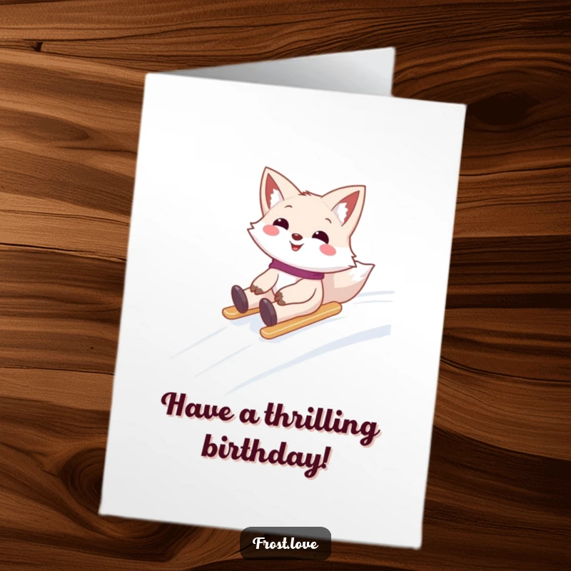 Funny Free Printable Birthday Card: A grinning snow fox gleefully sliding down a snowy hill, celebrating a birthday with speed and cheer.