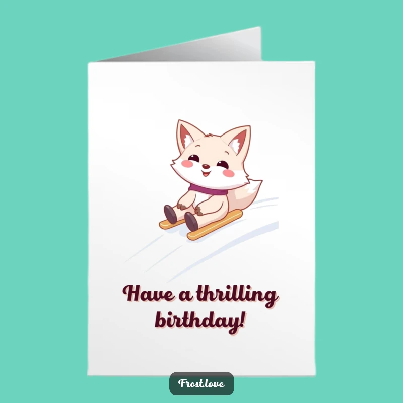 Free Printable Birthday Card: Funny Snow Fox Sliding, Perfect Downloadable Gift
