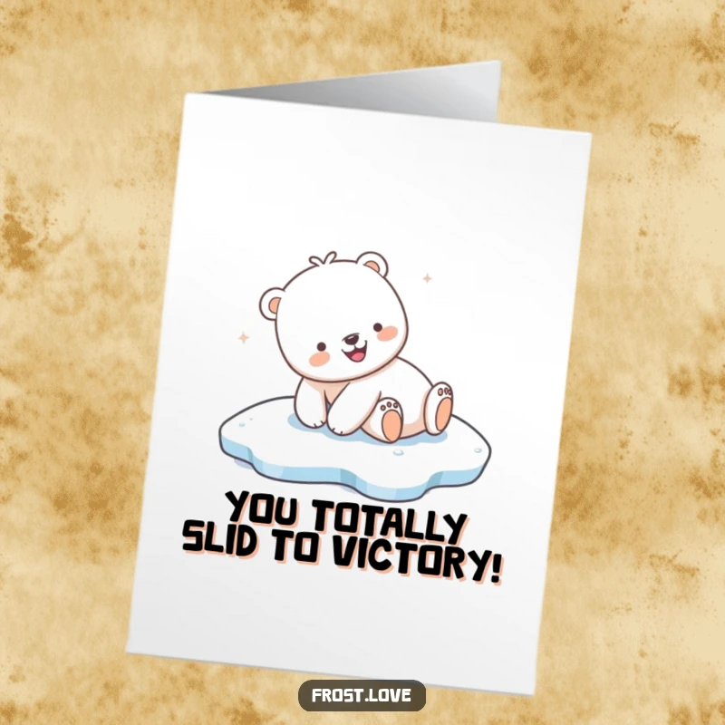 Funny Free Printable Congrats Card: Kawaii polar bear sliding on ice, celebrating achievements.