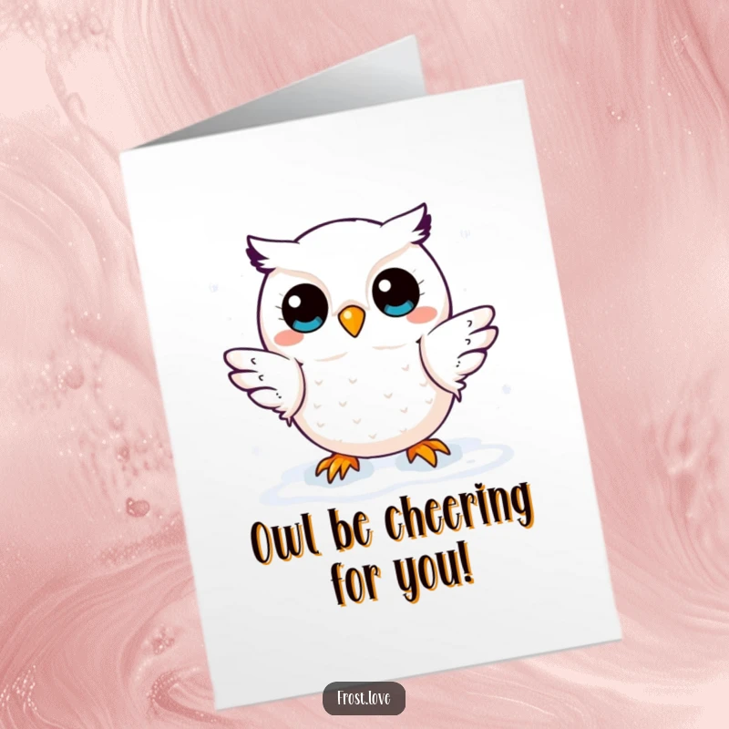 Funny Free Printable Congratulations Card: A sweet kawaii snow owl playfully snagging snowflakes, celebrating a successful moment with charm.