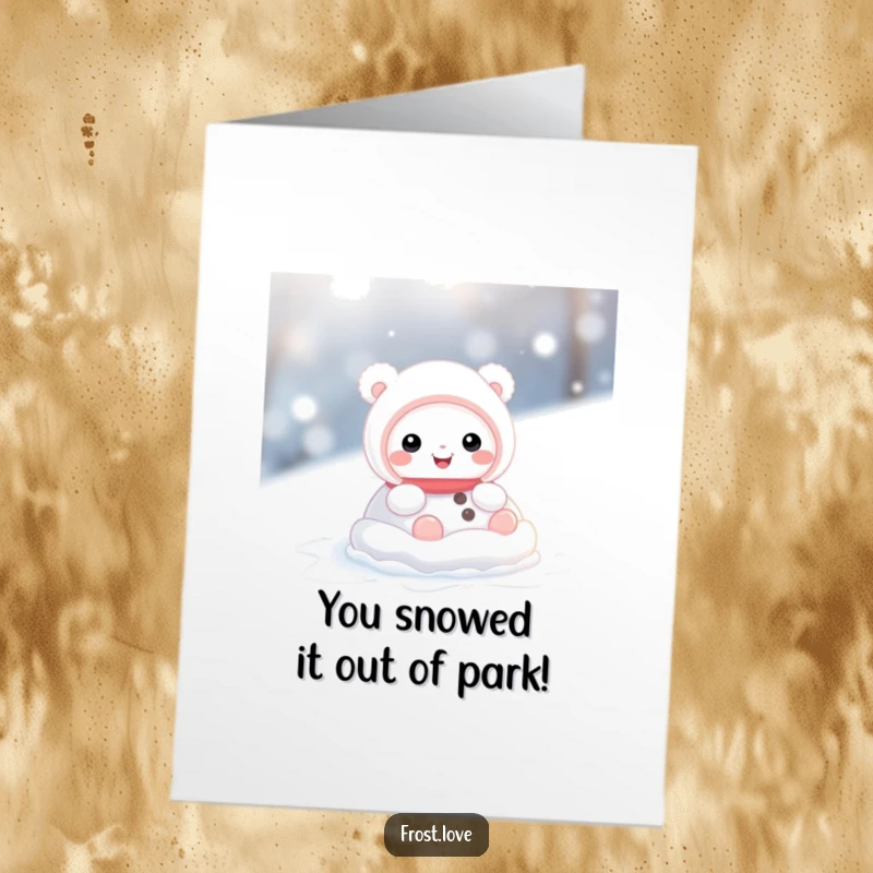 Funny Free Printable Congratulations Card: Cheerful snow creature rolling in a snowball, conveying ecstatic congratulations and good vibes.