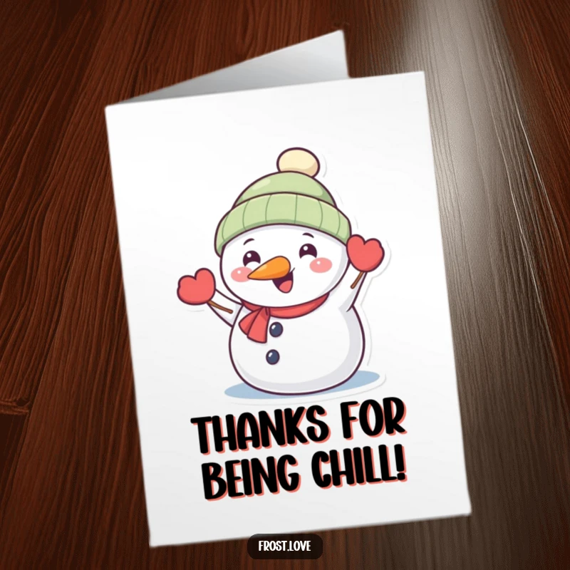 Funny Free Printable Thank You Card: Kawaii snowman with carrot nose happily waving, showing thanks.
