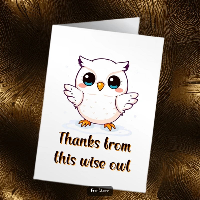 Funny Free Printable Thank You Card: A whimsical kawaii snow owl catching snowflakes, conveying thanks with gentle, playful elegance.