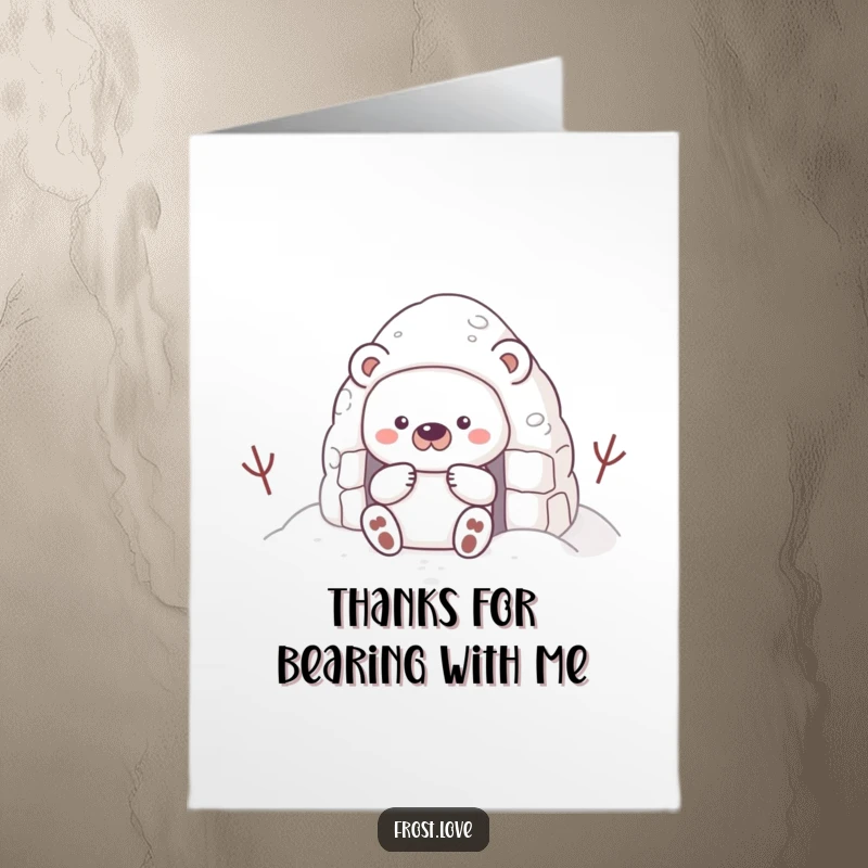 Funny Free Printable Thank You Card: A shy snow bear building a small snow fort, expressing thanks with humble dedication and warmth.