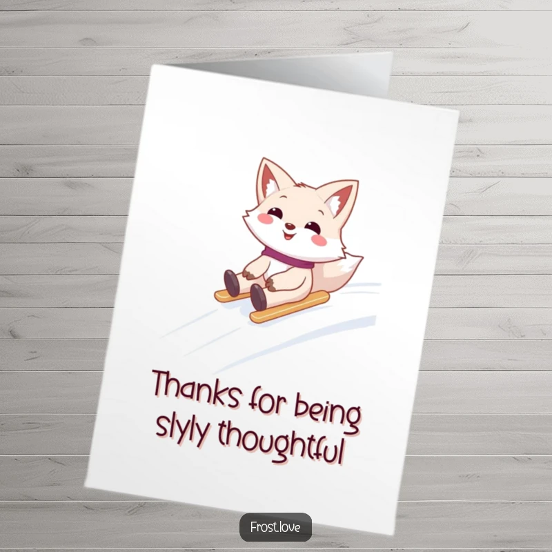Funny Free Printable Thank You Card: A joyful snow fox sliding down a hill, expressing thanks with a playful and dynamic spirit.