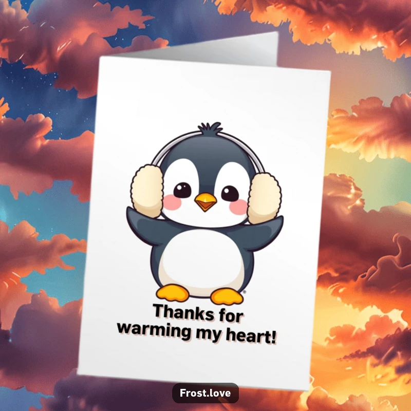 Funny Free Printable Thank You Card: Kawaii penguin with oversized earmuffs, expressing thanks coolly.